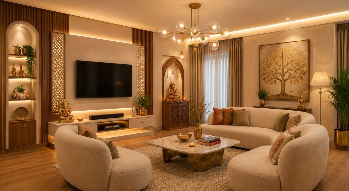 Celestial Abode living room theme for a 2 BHK flat by EssBee Interior