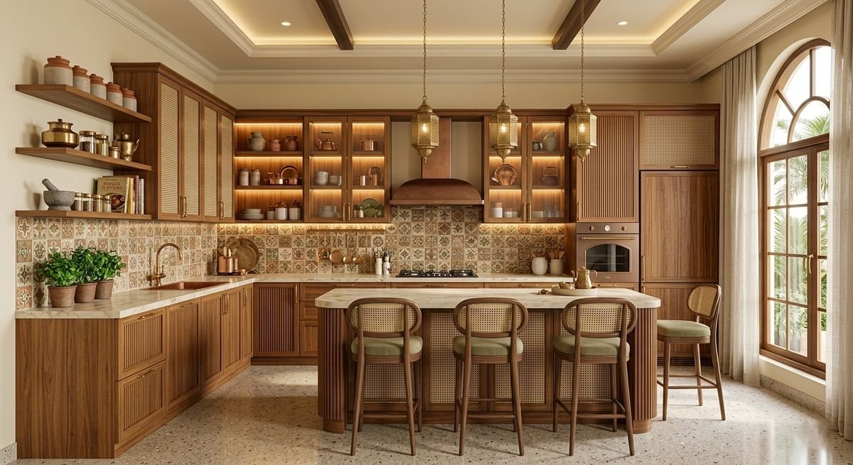 Modular kitchen with warm teak cabinets, open display shelves, an island with bar seating and arched windows
