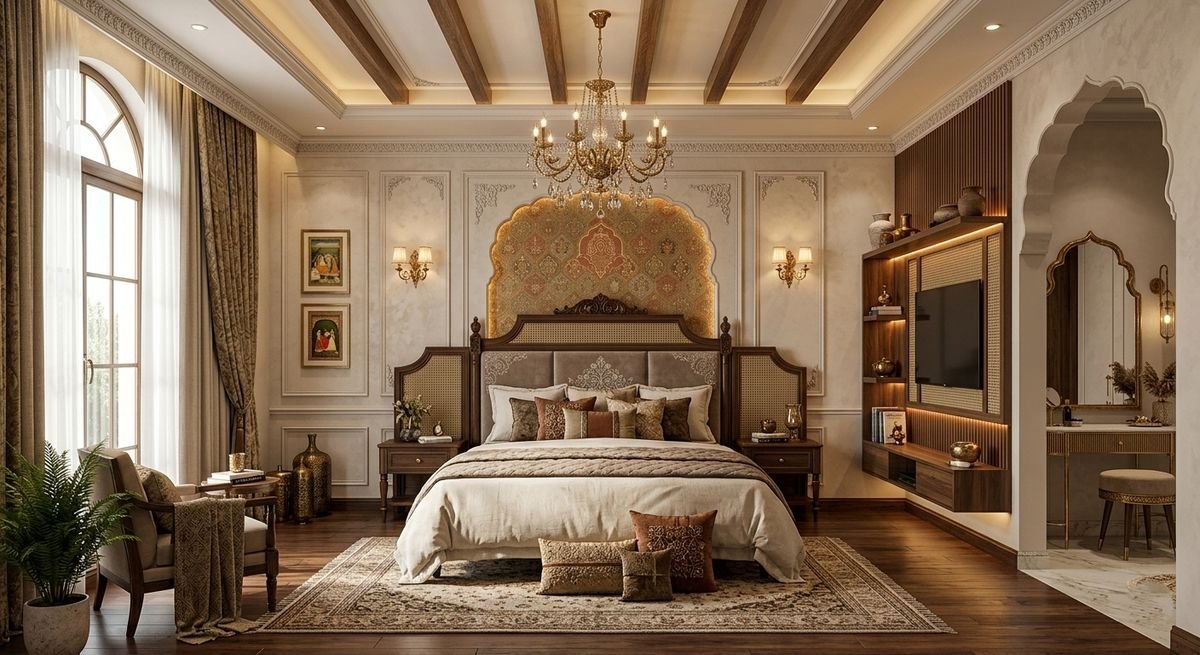Bedroom with a beamed wooden false ceiling, cove lighting, a brass chandelier and a carved headboard