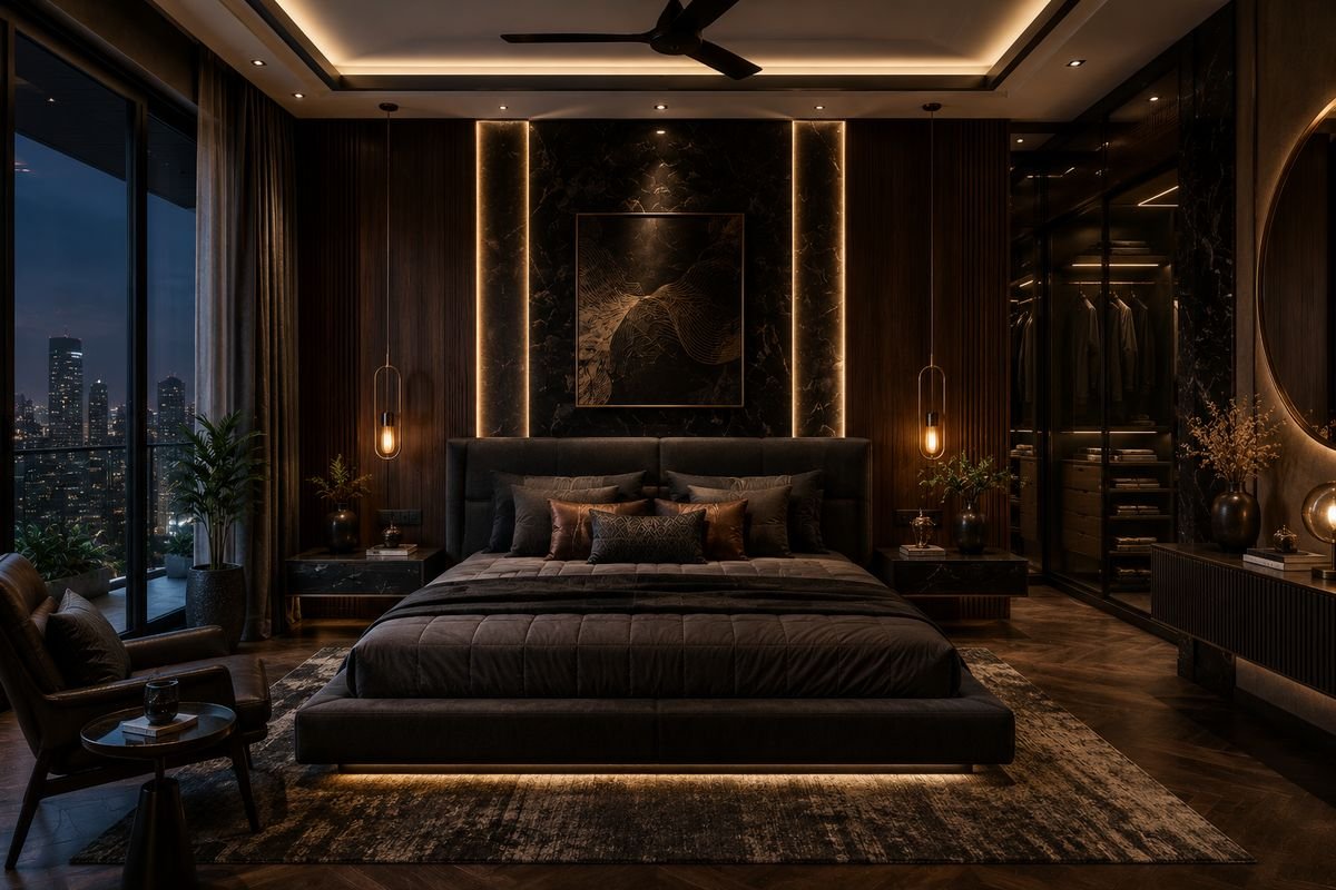 Noir Residence bedroom theme for a 2 BHK flat by EssBee Interior