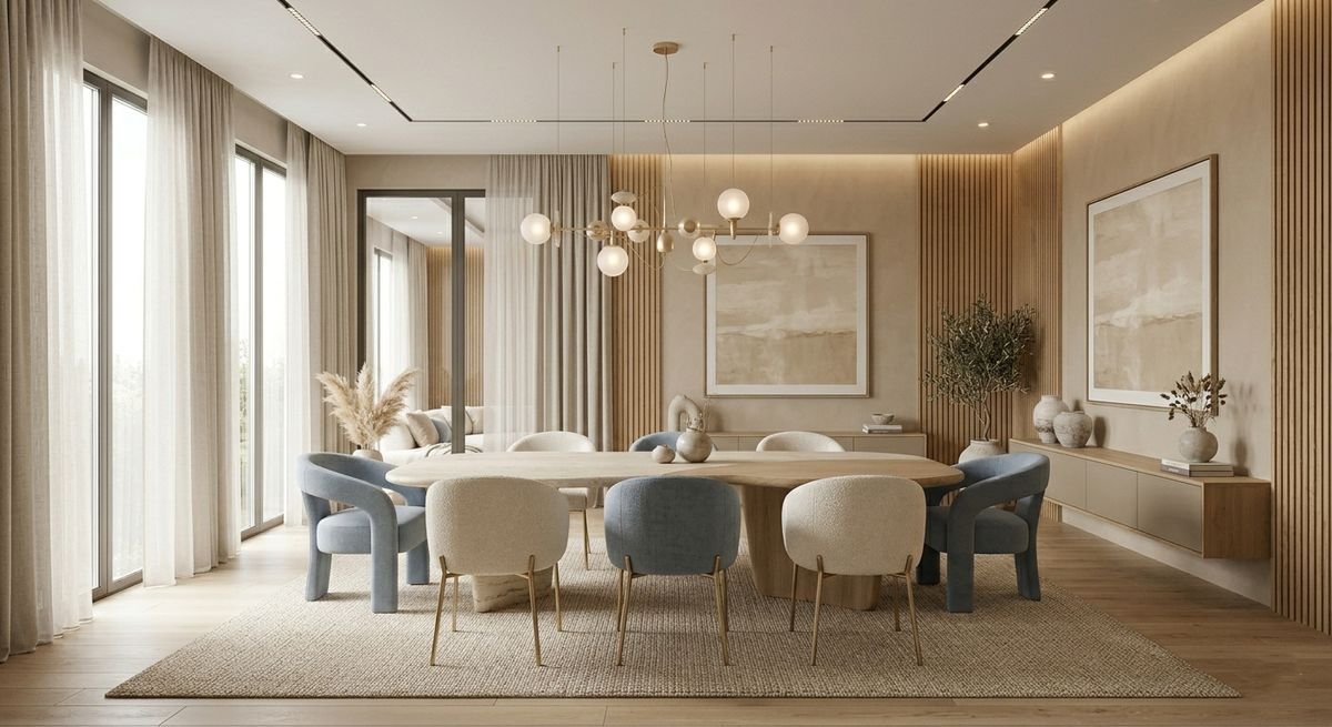 Dining area in a 2 BHK flat with a six-seater table, globe pendant lights, wood wall panelling and sheer curtains