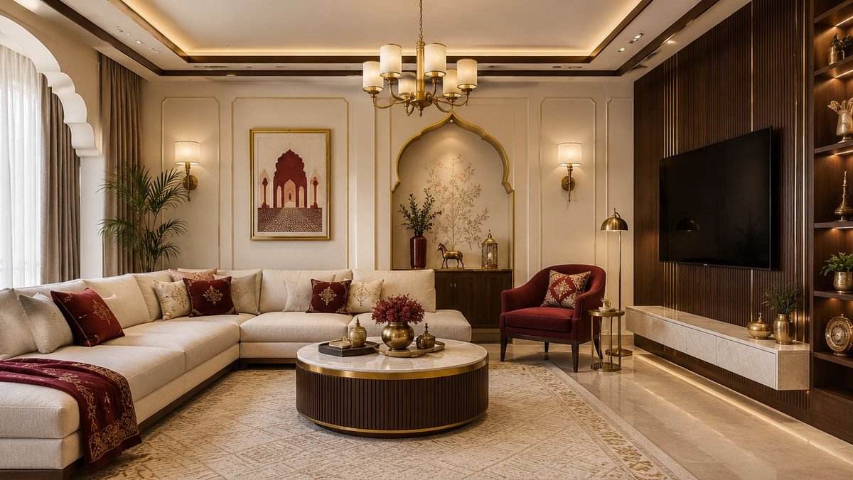 Rajwada Luxe signature living room theme by EssBee Interior