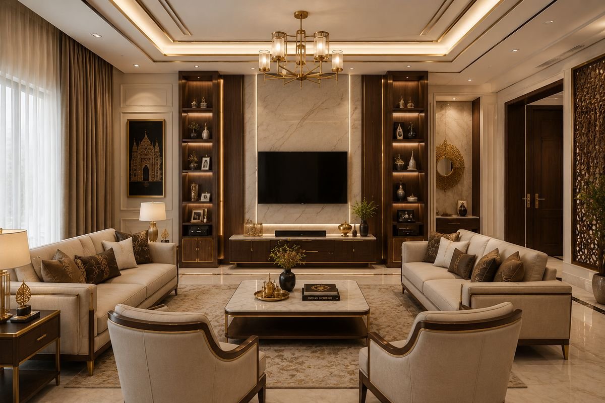 Swarna Sutra living room theme for a renovated flat by EssBee Interior