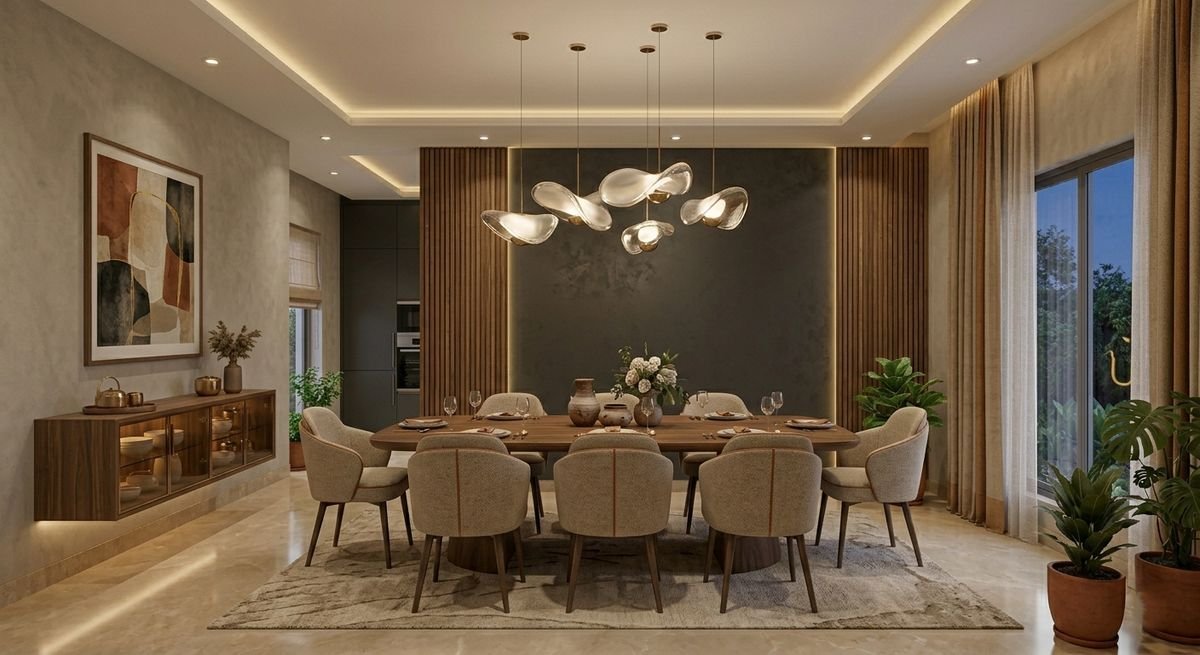 Dining room in a turnkey flat with a ten-seater table, sculptural pendant lights, a cove-lit false ceiling and a wooden sideboard