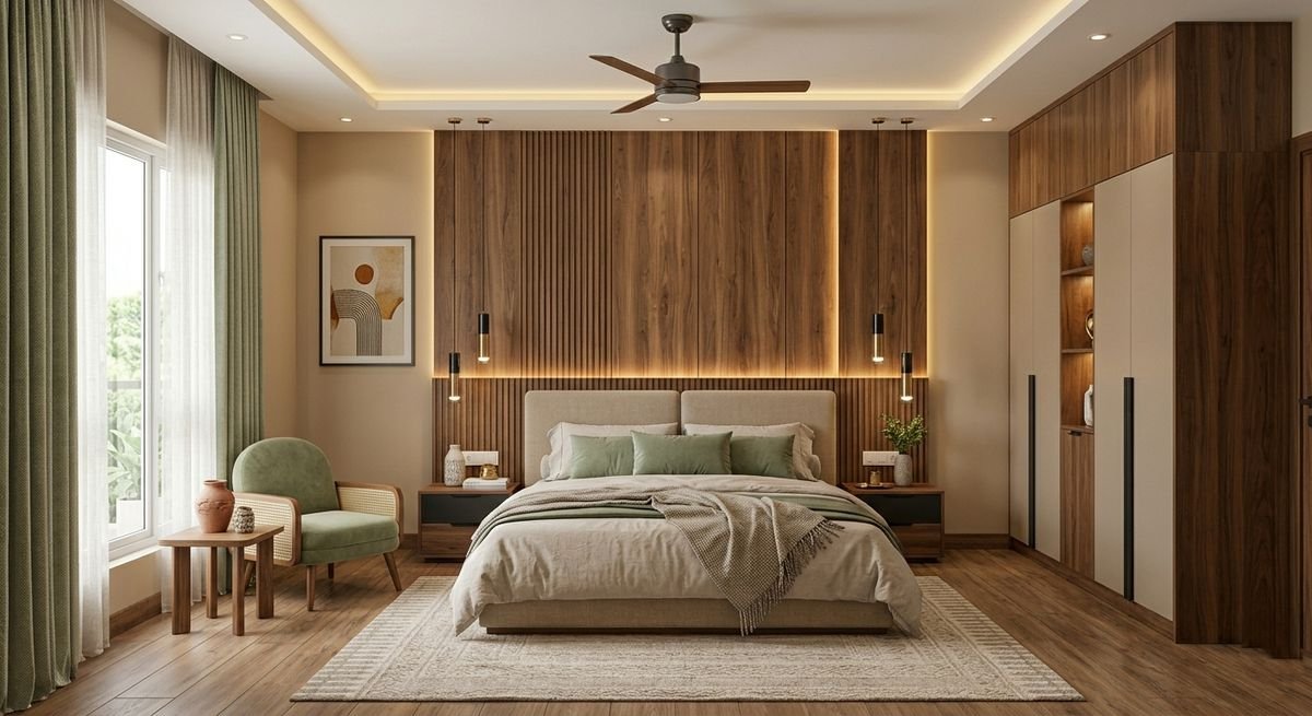 Master bedroom with a wood-panelled headboard wall, full-height wardrobes, a ceiling fan and soft cove lighting